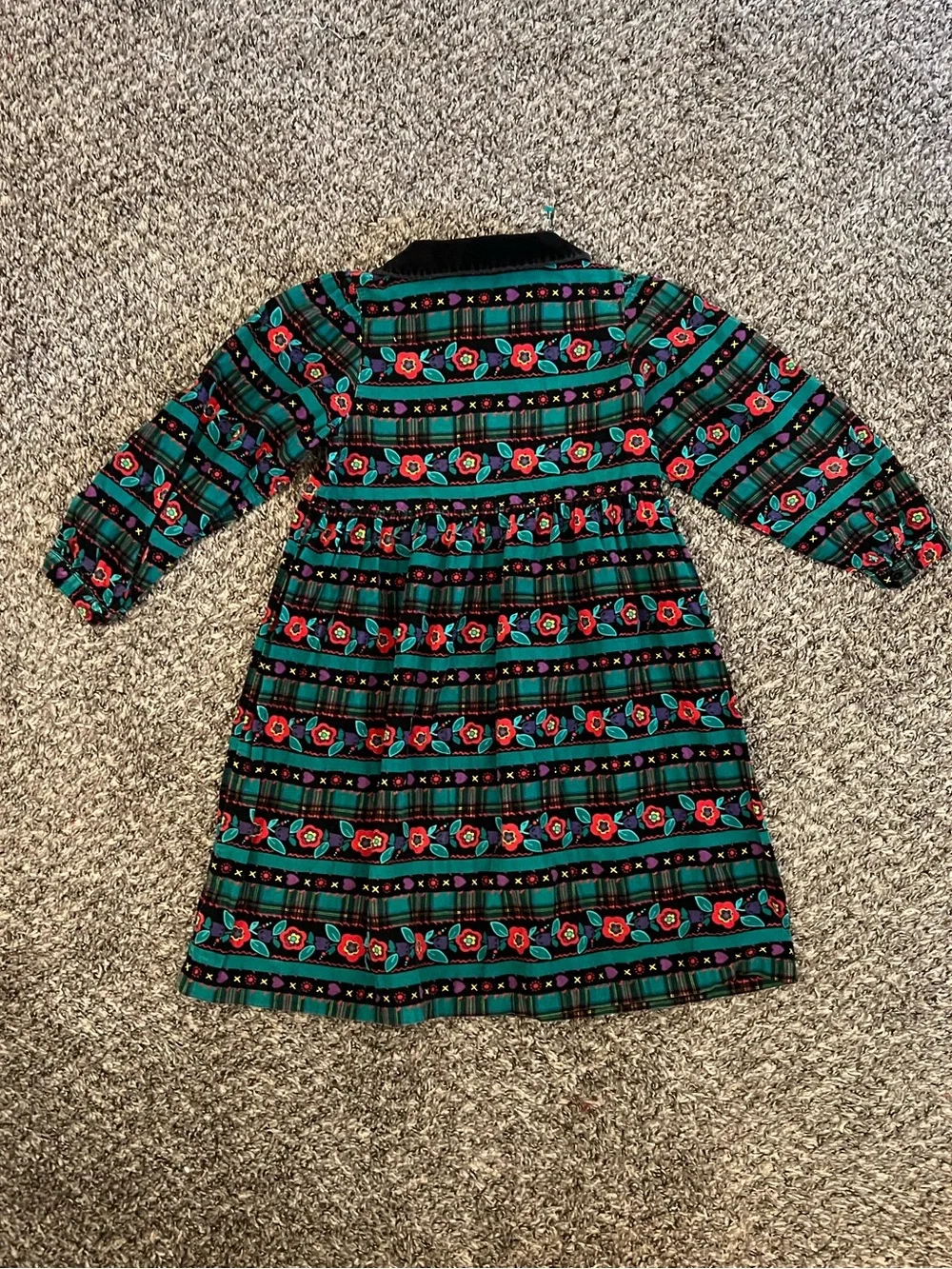Vintage Girl’s 1990’s Gymboree corduroy green velvet collar floral dress festive